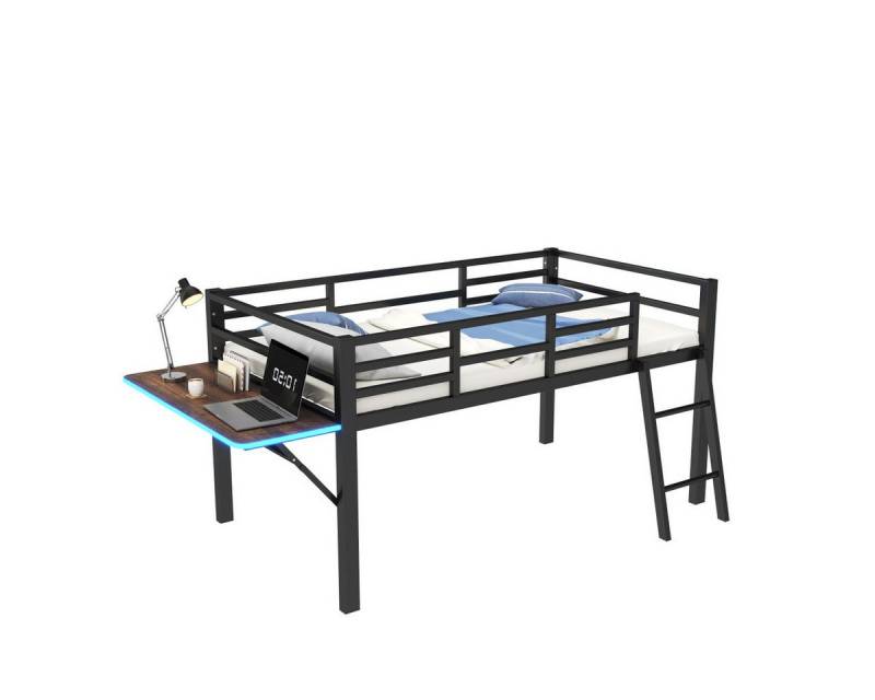 Rutaqian Bettgestell Halbhohes Bett mit Leiter, Klappschreibtisch neben dem Bett (Tischkante mit LED-Ambiente-Beleuchtung, Flachbett(Ohne Matratze) von Rutaqian