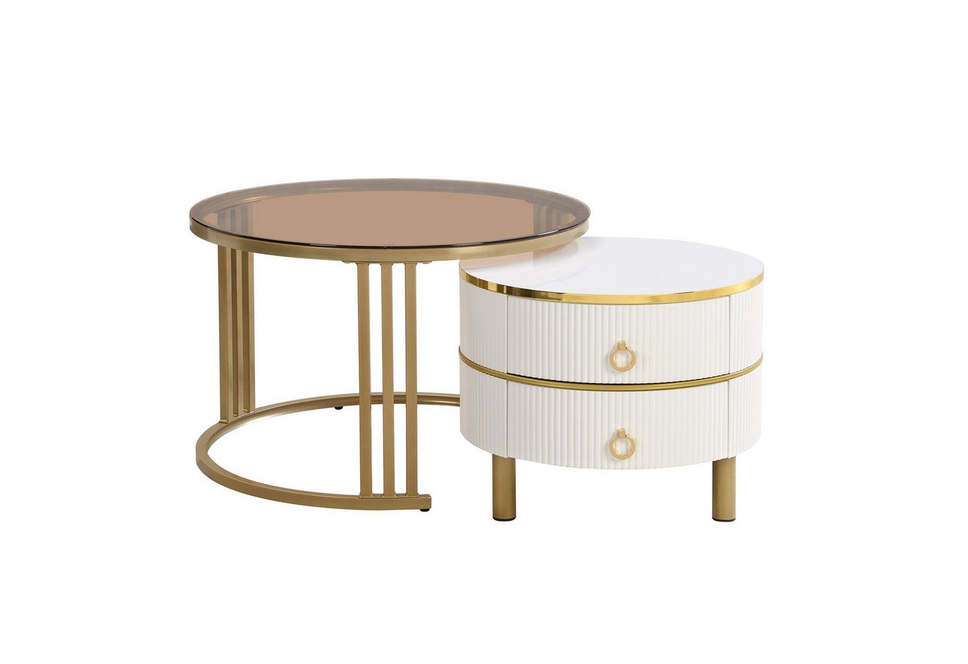 Rutaqian Couchtisch 2-in-1 Runder MDF-Couchtisch mit 2 Schubladen (1 Hochglanz-Tischplatte und 1 Brauner Tischplatte aus Gehärtetem Glas, Wohnzimmer-Couchtischkombination 70x70x45+50x50x40 cm) von Rutaqian