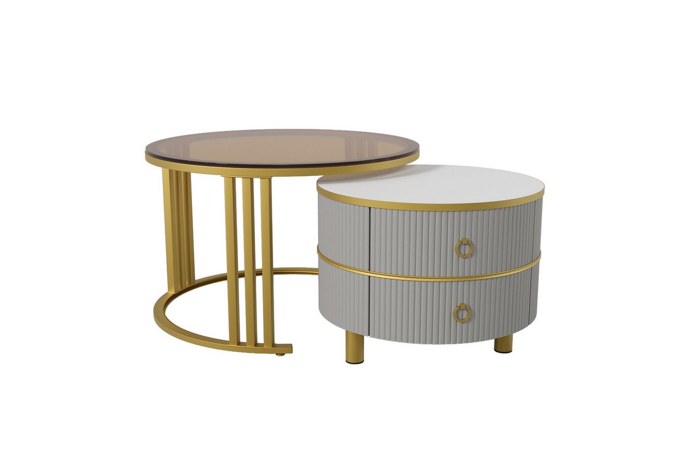 Rutaqian Couchtisch 2-in-1 Runder MDF-Couchtisch mit 2 Schubladen (1 Hochglanz-Tischplatte und 1 Brauner Tischplatte aus Gehärtetem Glas, Wohnzimmer-Couchtischkombination 70x70x45+50x50x40 cm) von Rutaqian