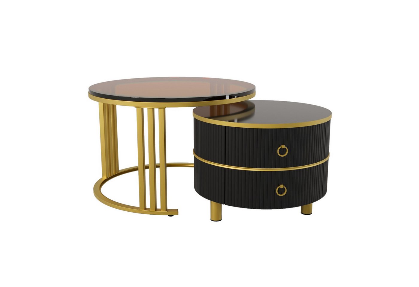 Rutaqian Couchtisch 2-in-1 Runder MDF-Couchtisch mit 2 Schubladen (1 Hochglanz-Tischplatte und 1 Brauner Tischplatte aus Gehärtetem Glas, Wohnzimmer-Couchtischkombination 70x70x45+50x50x40 cm) von Rutaqian