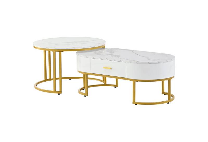 Rutaqian Couchtisch 2er Set Kaffeetisch Sofatisch Runder Design, Satztisch, (mit goldenen Metallrahmen), Moderne Beistelltisch, Leichter Luxusstil, 70x45cm+100×40cm von Rutaqian