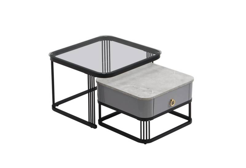 Rutaqian Couchtisch 2er set, Beistelltisch-Set, 60×45+50×34cm, coffee table mit Schubladen, Marmoroptik, einfaches Design, für Wohnzimmer/Schlafzimmer, weiß von Rutaqian