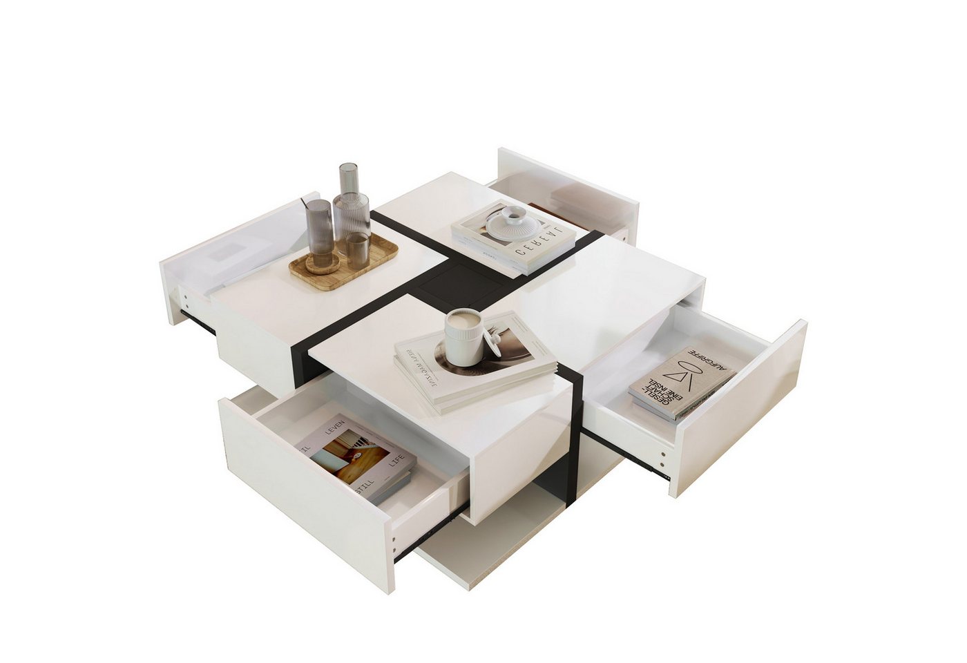 Rutaqian Couchtisch Beistelltisch mit 4 Schubladen, Stauraum unten, 78x78x36 cm (Couchtisch, Einzigartige Farbabstimmung und Liniendesign) von Rutaqian