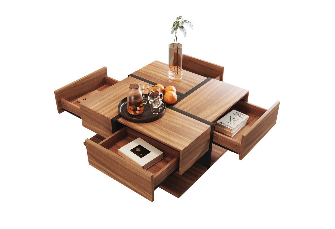 Rutaqian Couchtisch Beistelltisch mit 4 Schubladen, Stauraum unten, 78x78x36 cm (Couchtisch, Einzigartige Farbabstimmung und Liniendesign) von Rutaqian