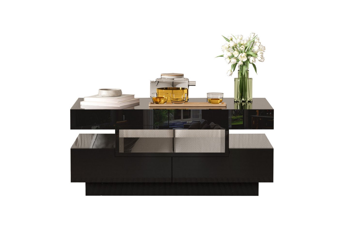 Rutaqian Couchtisch Couchtisch, Hochglanzoberfläche, mit LED-Lichtleiste, 80x50x36cm (1-St), vier Schubladen vorne und hinten, großer Stauraum von Rutaqian