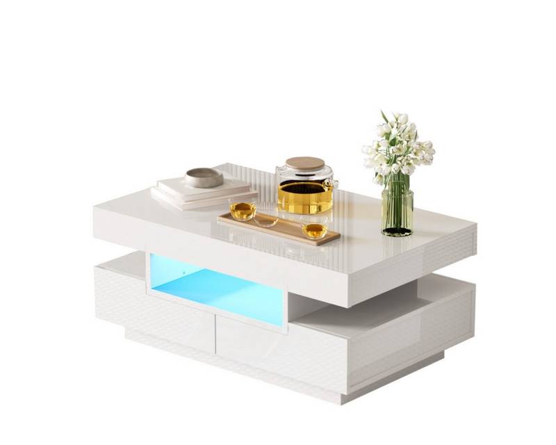 Rutaqian Couchtisch Couchtisch, Hochglanzoberfläche, mit LED-Lichtleiste, 80x50x36cm (1-St), vier Schubladen vorne und hinten, großer Stauraum von Rutaqian