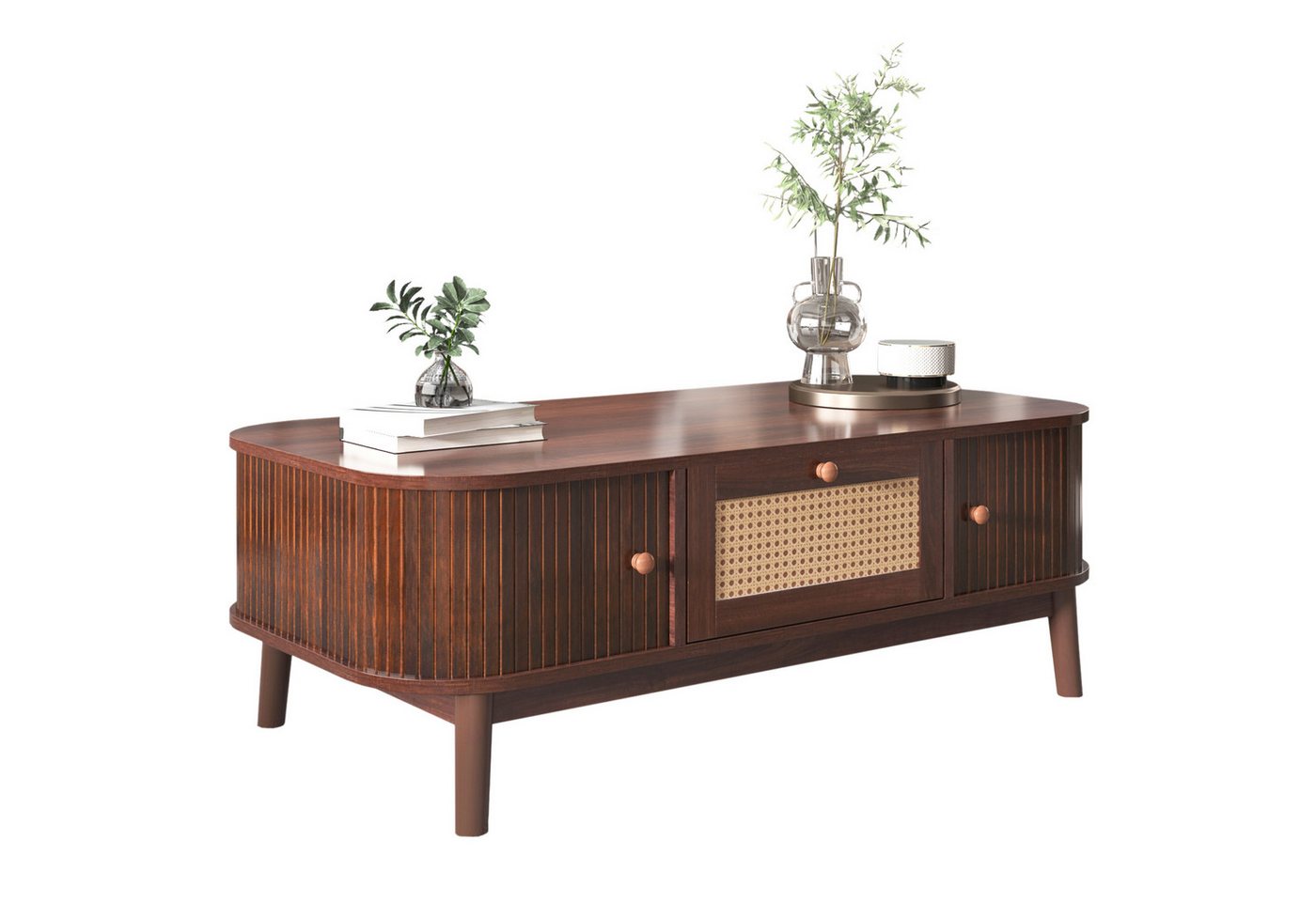 Rutaqian Couchtisch Couchtisch, Schubladen mit Rattan und Schiebetüren 110 x 55 x 38.5 cm (mit Massivholzlatten, Massivholzbeine), Natürlicher Landhausstil,  Rattan Kaffeetischfür Wohnzimmer von Rutaqian