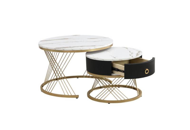 Rutaqian Couchtisch Couchtisch Rund 2er Set, Satztische, Wohnzimmertisch mit Schubladen (Moderner Beistelltisch aus MDF mit Stabilem Metallgestell), Geeignet für Wohnzimmer, Balkon, Büro , 70x70x45cm(  Golddekor) von Rutaqian