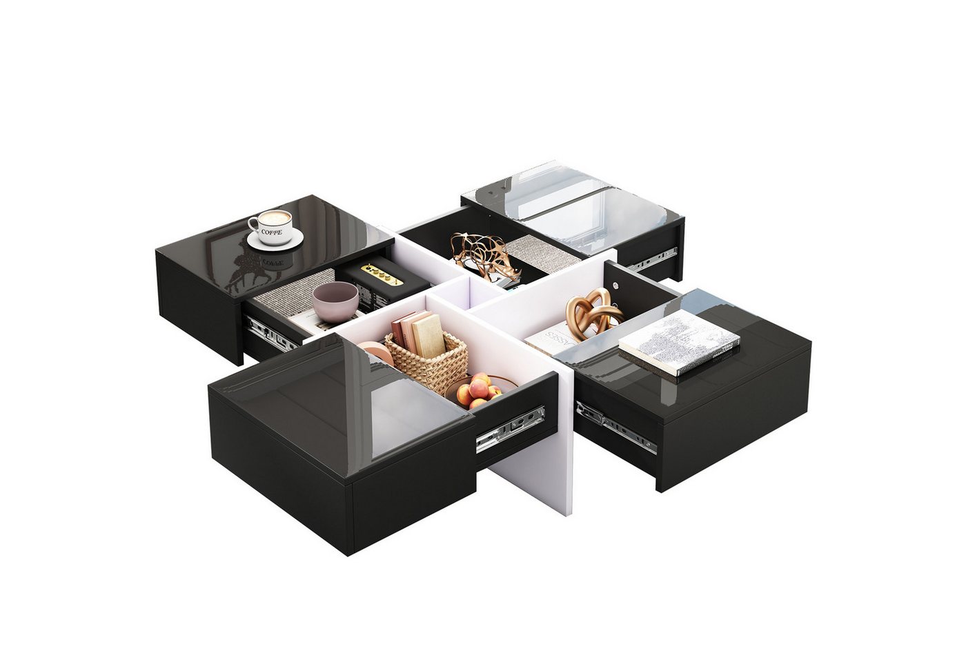 Rutaqian Couchtisch Eleganter Hochglanz-Couchtisch,Eingebautes Staufach und 4 Schubladen (Quadratischer Hochglanz-Couchtisch, Maximale Belastbarkeit 30 kg) von Rutaqian