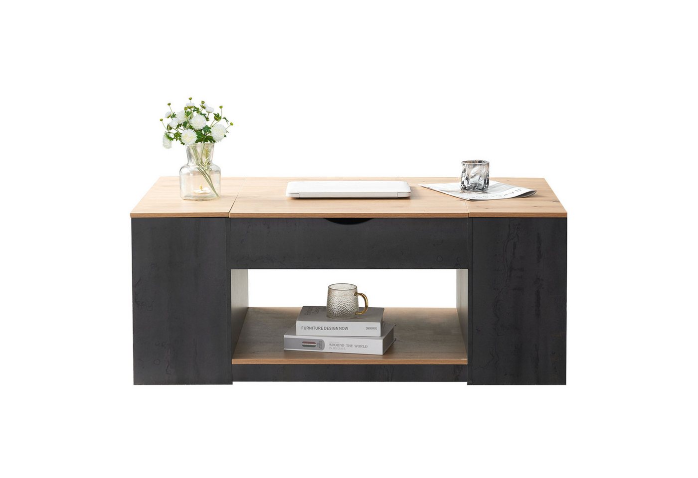 Rutaqian Couchtisch Graues Gestell Couchtisch mit Liftfunktion 109x59x43 cm (Stilvolles Design, Stauraum unter der Tischplatte) von Rutaqian
