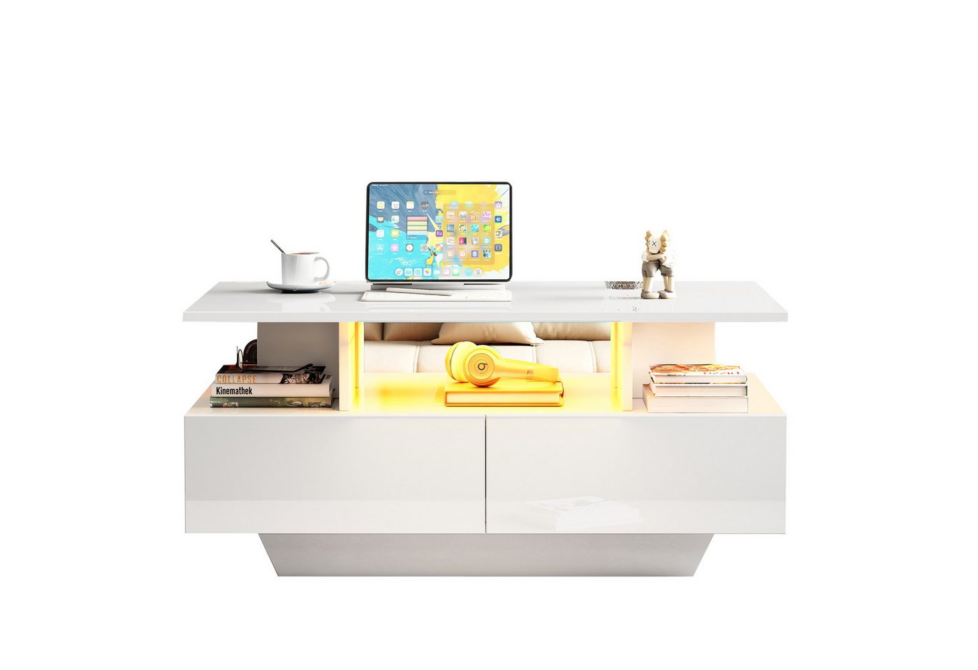 Rutaqian Couchtisch Kaffeetisch, Beistelltisch modernes Hochglanz, mit LED, 2 Schubladen, (1-St), Stilvolles Design, 90x55x41 cm mit Stauraum von Rutaqian