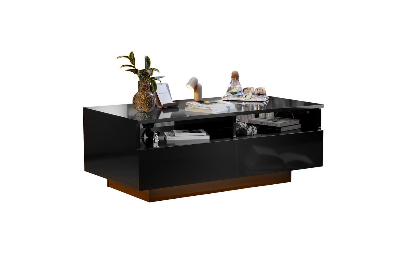 Rutaqian Couchtisch LED Hochglanz Couchtisch mit 2 Schubladen, Sofatisch, Wohnzimmertisch (1-St), Modern Center Table mit 16 Farben LED Lichter, USB,95x50x35 cm von Rutaqian