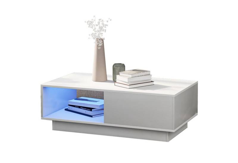 Rutaqian Couchtisch Moderner Hochglanz-Sofatisch,Couchtisch mit LED,15 Farben für Teetisch (Rechteckiger Wohnzimmertisch mit 1 Schublade und 1 Fach,95x55x32 cm) von Rutaqian