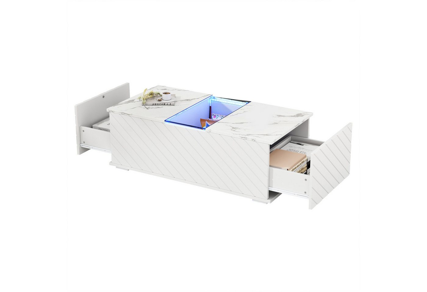 Rutaqian Couchtisch Weißer Couchtisch 100x50x35cm mit Marmoroptik, LED-Beleuchtung (1-St) von Rutaqian