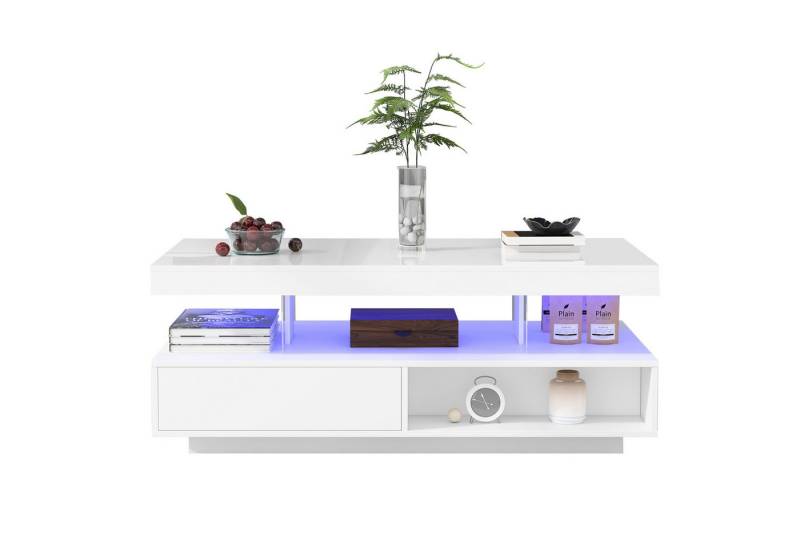 Rutaqian Couchtisch Weißer Hochglanz Couchtisch 95x50x42,5 cm - mit 4 Glasplatten (2 Schubladen und 2 offenen Fächern, Unterschrank im Wohnzimmer), Side Table Couchtisch für Schlafzimmer, Wohnzimmer von Rutaqian