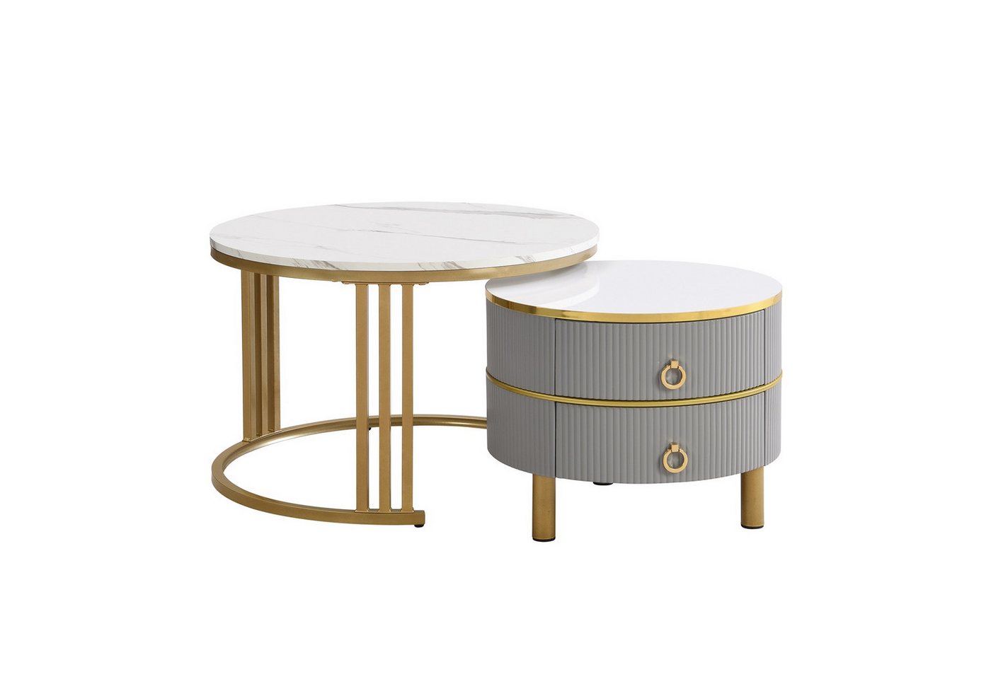 Rutaqian Couchtisch Wohnzimmer-Couchtischkombination mit 2 Schubladen,70x70x46+50x50x40 cm (2-in-1 runder MDF-Couchtisch, Beistelltisch mit Glänzender Platte, und 1 Weißer Marmorplatte) von Rutaqian
