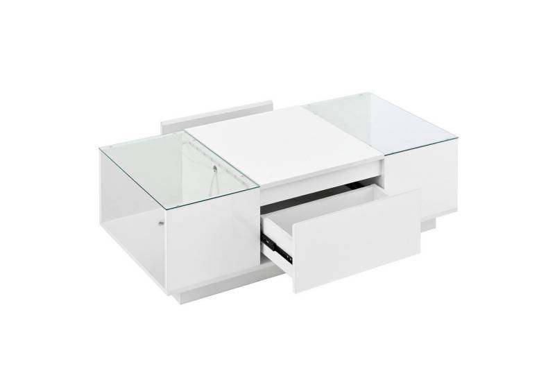 Rutaqian Couchtisch weiß/schwarz,105 cm moderner, mit Stauraum,LED-Stimmungsbeleuchtung, Glasplatte und 2 Schubladen von Rutaqian