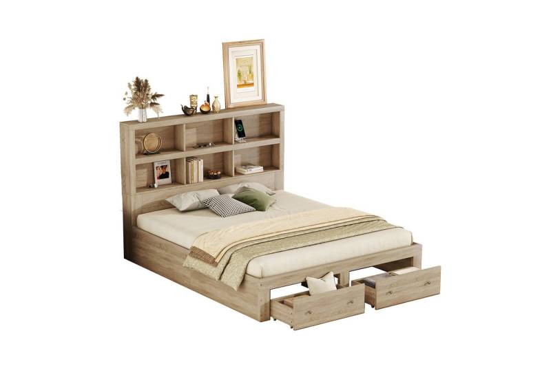 Rutaqian Daybett 160*200cm Doppelbett, Massivholz, Kopfteil mit Stauraum von Rutaqian