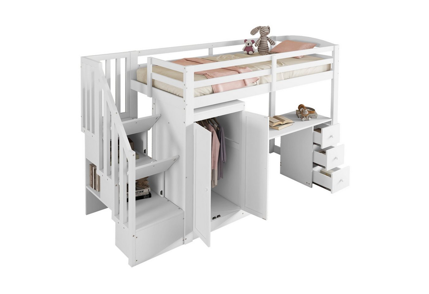 Rutaqian Daybett Hochbett mit Kleiderschrank und Treppe, Schreibtisch und Schubladen Rutaqian Daybett Hochbett mit Kleiderschrank und Treppe, Schreibtisch und Schubladen von Rutaqian