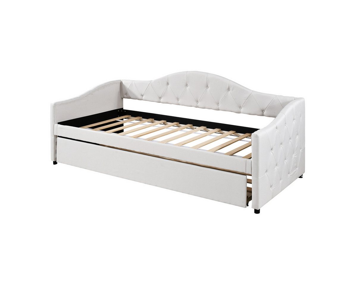Rutaqian Einzelbett Einzelbett, 90x200cm Tagesbett mit ausziehbarem Bett,Schlafsofa, Daybettt(Ohne Matratze), Leinen, minimalistisches Styling,Grau/Beige von Rutaqian