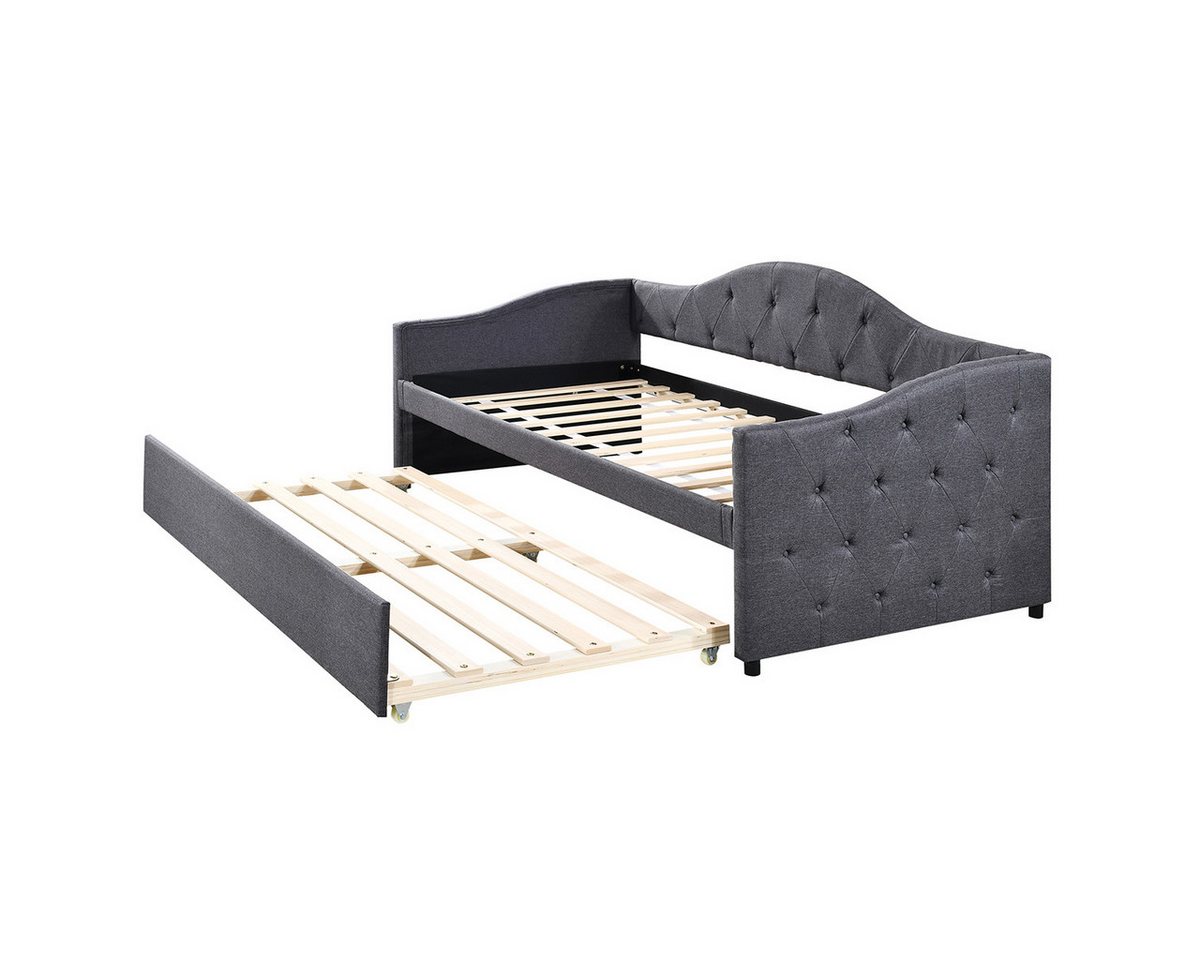 Rutaqian Einzelbett Einzelbett, 90x200cm Tagesbett mit ausziehbarem Bett,Schlafsofa, Daybettt(Ohne Matratze), Leinen, minimalistisches Styling,Grau/Beige von Rutaqian