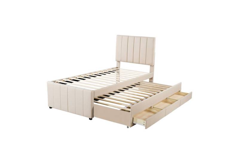 Rutaqian Einzelbett Polsterbett Kinderbett, Jugendbett, Gästebett, 90 x 200 cm, (1-tlg., mit Lattenrost und Kopfteil), mit Rollbett und Stauraumschubladen, hautfreundliche Leinenpolsterung von Rutaqian
