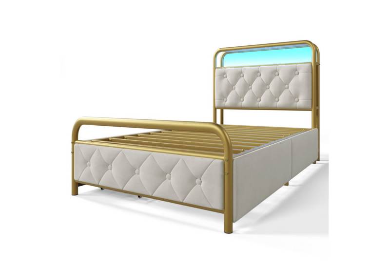 Rutaqian Einzelbett mit aufladen USB Type C Ladefunktion APP-Control LED Bettgestell, Metallbett 90×200CM Bettrahmen und 2 Schubladen, Samt (Ohne Matratze) von Rutaqian