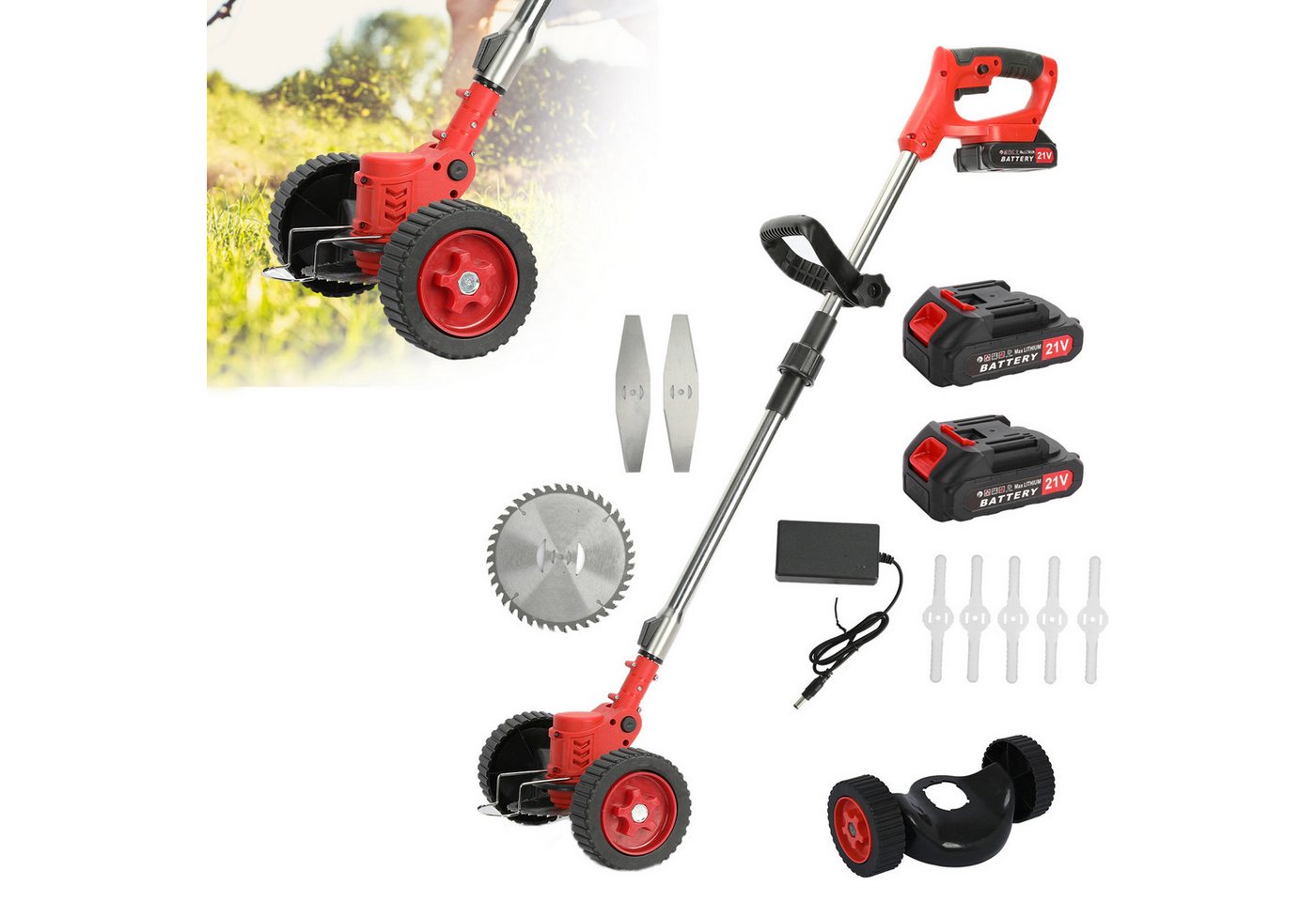 Rutaqian Elektrorasenmäher Akkurasenmäher 3-in-1 Elektrischer Rasenmäher mit 2* 2000mAh, 15 cm Schnittbreite, (2×2Ah Akku,21VAkku), Akku-Rasentrimmer 800w, Länge einstellbar 92-122cm,15 cm Schnittbreite von Rutaqian