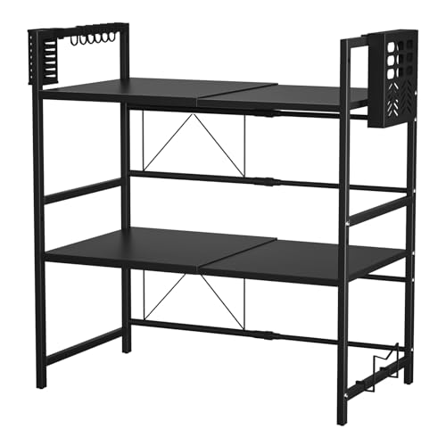 Rutaqian Erweiiterbares 2-Tier-Mikrowellen-of-Rack-Einstellbares Kohlenstoffstahlregal MIT Cutterhalter & Chopping Board-Stänger, 40-63 cm Breit, Hochleisungsküchentheke-Organisator Schwarz von Rutaqian