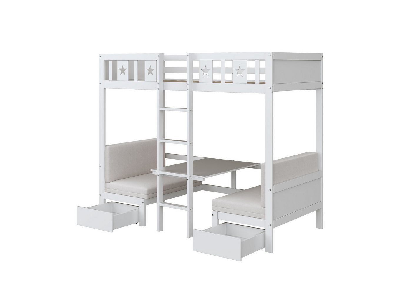 Rutaqian Etagenbett Hochbett Kinderbett Holzbett mit Schubladen+ Leiter+  2 in1 Schreibtisch (1-St., Unteres Bett mit Matratze), Sternenmuster, Stockbett mit Lattenrost, 90x200cm von Rutaqian