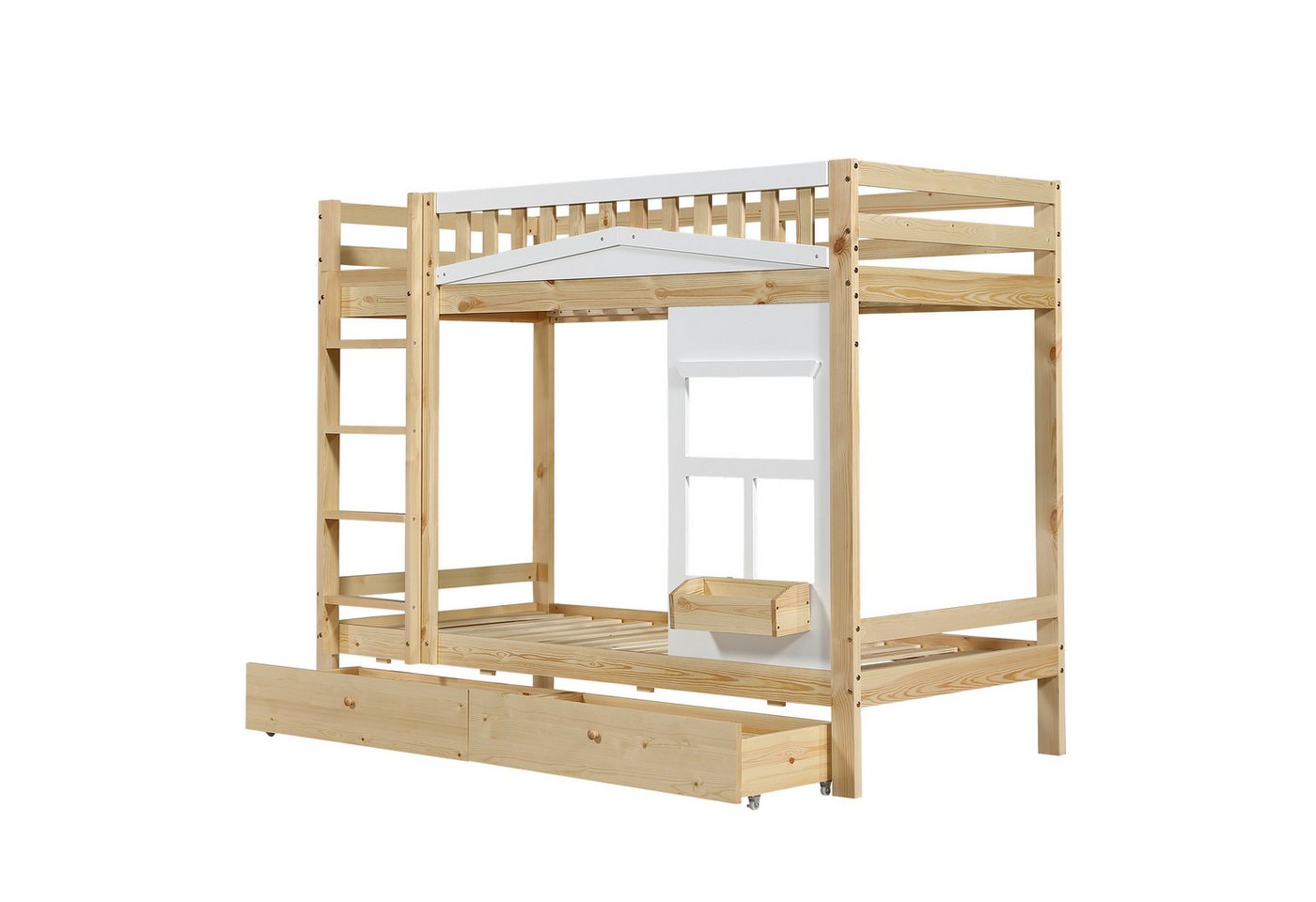 Rutaqian Etagenbett Kinderbett mit Fenster, mit Fallschutzgitter, stabiles Geländer, Zwei Schubladen mit Rollen,Reichlich Stauraum,90x200cm(ohne Matratze) von Rutaqian