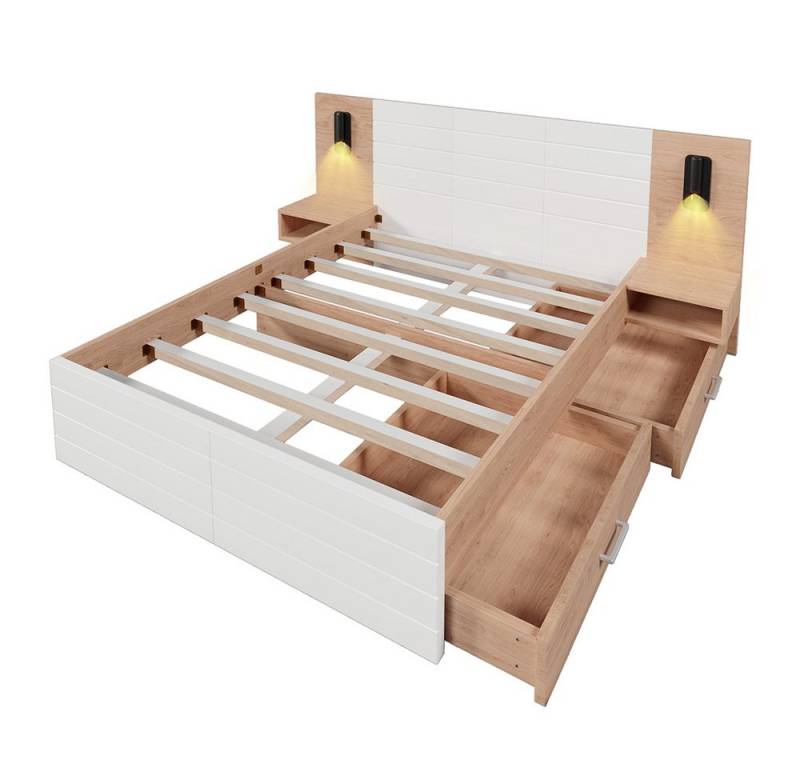 Rutaqian Funktionsbett Doppelbett Holzbett,mit 2 Schubladen,USB Ladefunktion von Rutaqian
