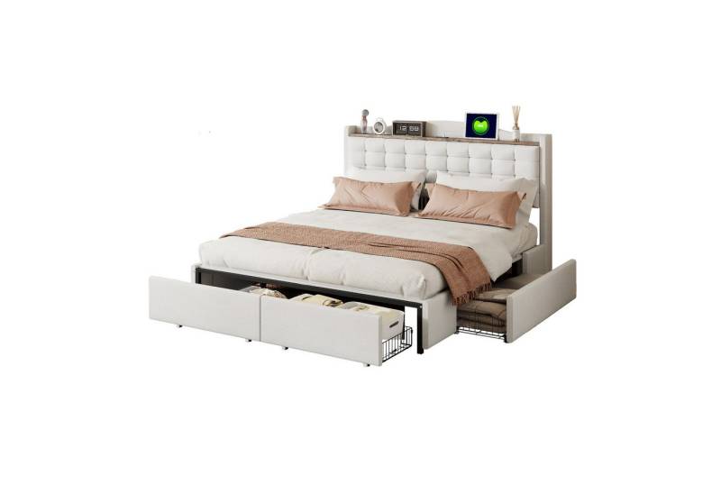 Rutaqian Funktionsbett Polsterbett 160*200 cm, Nachttisch mit USB-Ladeanschluss und Ablage von Rutaqian