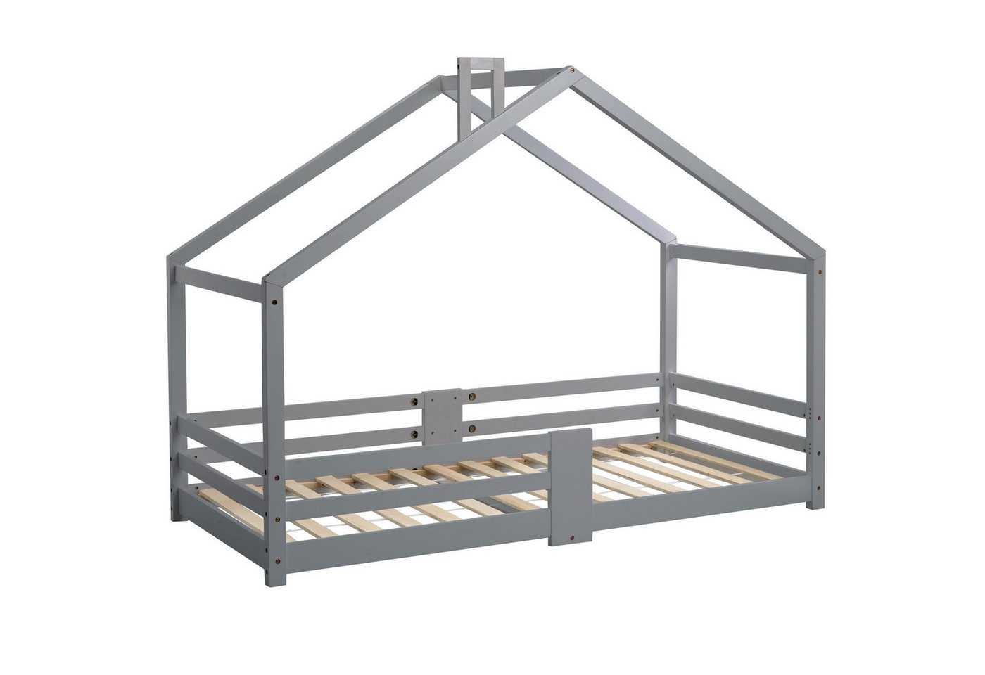 Rutaqian Hausbett Kinderbett, Einzelbett, 90x200cm, mit Schornstein, Holzbett, Robuste, (1-tlg., Einzigartiges Design, mit Lattenrost, Rausfallschutz), ohne Matratze, aus Kiefernholz, Grau/Weiß von Rutaqian