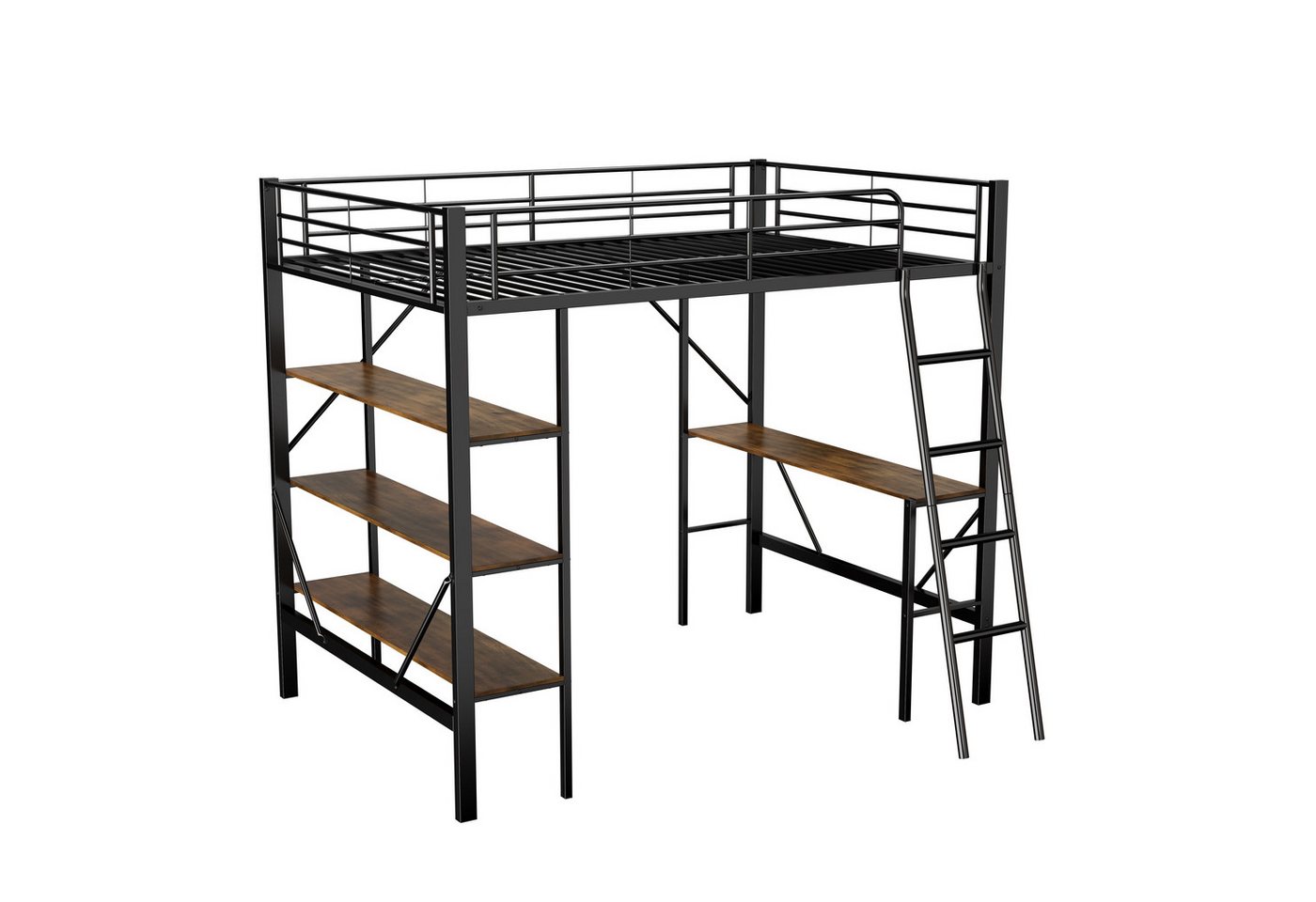 Rutaqian Hochbett Bettgestell Metallbett, Eisenbett, Hochbett 90x200 cm (Hochbett mit Schreibtisch und drei großen Ablagen) für Kinder, Jugendliche und Erwachsene,schwarz /Weiß von Rutaqian