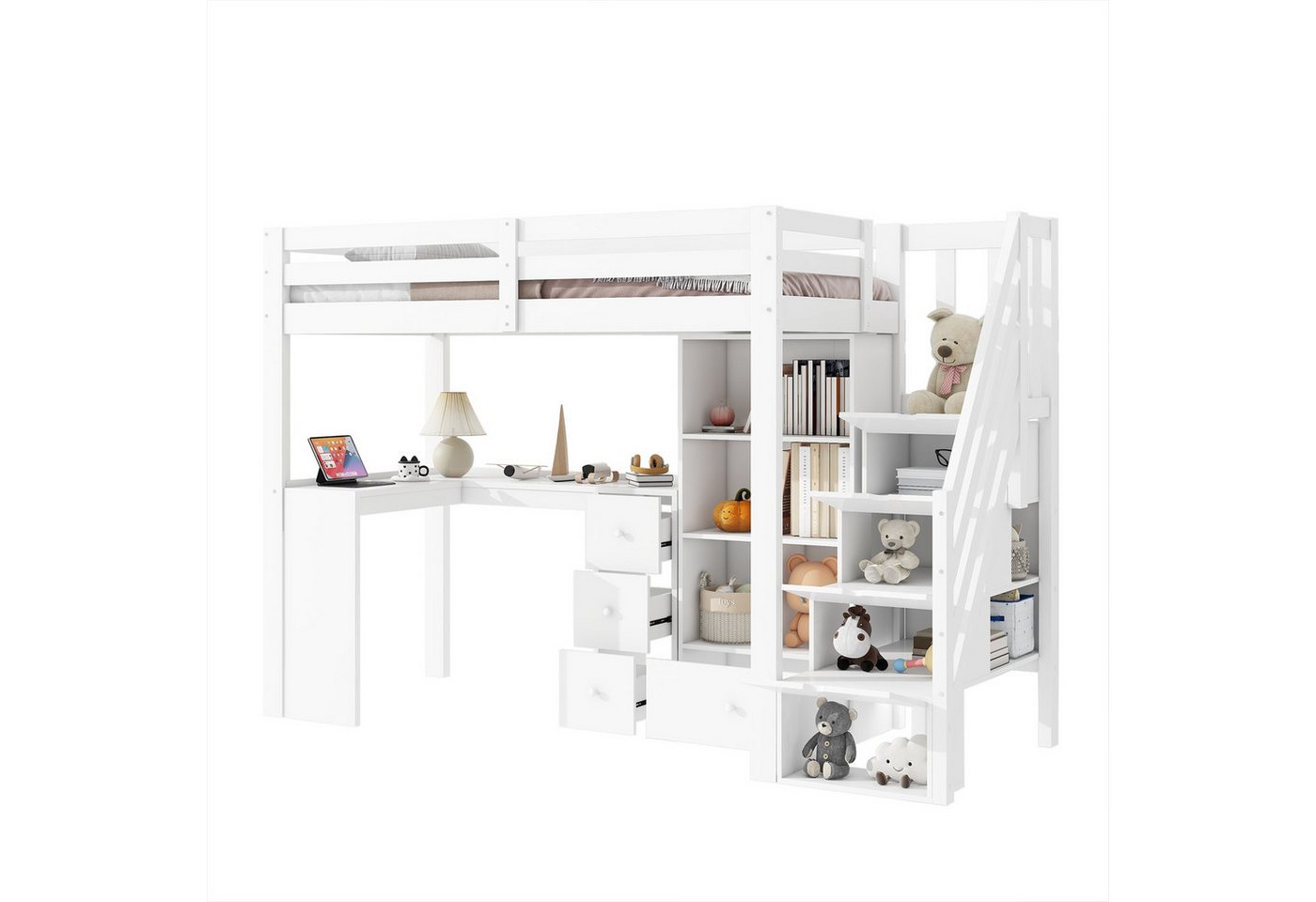 Rutaqian Hochbett Etagenbett mit Schreibtisch, 4 Schubladen, Offenen Schränken, Regalen (Kinderbett im Loft-Stil, 90x200 cm(Ohne Matratze) von Rutaqian