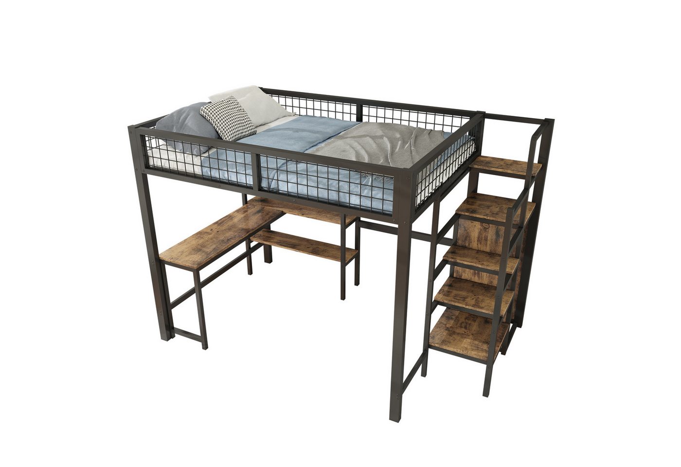 Rutaqian Hochbett Hochbett, 140x200cm, Eisenbett, Ablageleiter, mehrere Regale (1-St) Ohne Matratze,Einbauschrank, Schreibtisch, schwarz /Weiß von Rutaqian