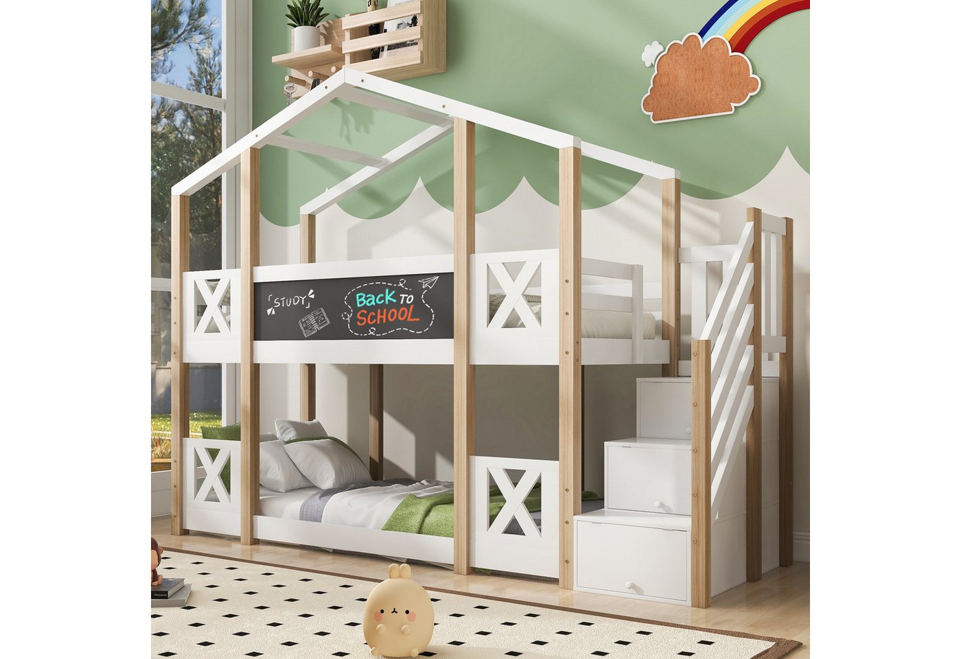 Rutaqian Hochbett Kinderbett Baumhaus mit Treppe Stauraum und Rausfallschutz, 90x200 cm (1-St) Hochbett für Kinder– 2x Lattenrost- Natur & Weiß von Rutaqian