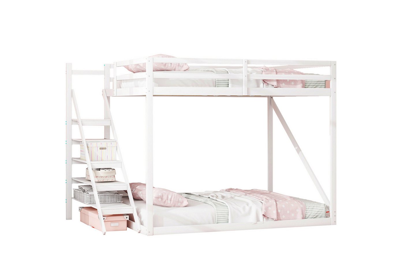 Rutaqian Hochbett Kinderhochbett 140x200 cm mit Sicherheitstreppe, Etagenbett (Oben mit Lattenrost, Unten flexibel als Bett oder mit Tisch/Sofa, für Kinder, Jugendliche und Erwachsene(ohne Matratze) von Rutaqian