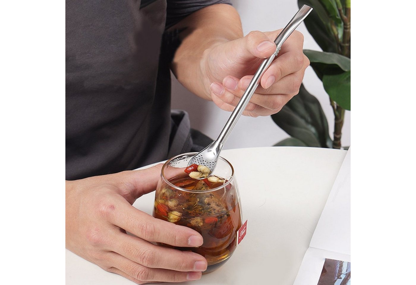 Rutaqian Kaffeelöffel Edelstahl Straw 304 Strohfilterlöffel 2 in 1, Langstieliger Kaffeerühr- und Filterlöffel mit Strohhalm von Rutaqian