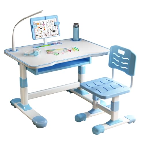 Rutaqian Kinder Lernschreibtisch-Set MIT LED-Beleileiltung-Höhenverstellbar für 3-18 Jahre, Neigbarer Lesehalter, Extra Großer Schublade-Ergonomische Design für Schlafzimmer & Wohnzimmer Blau von Rutaqian