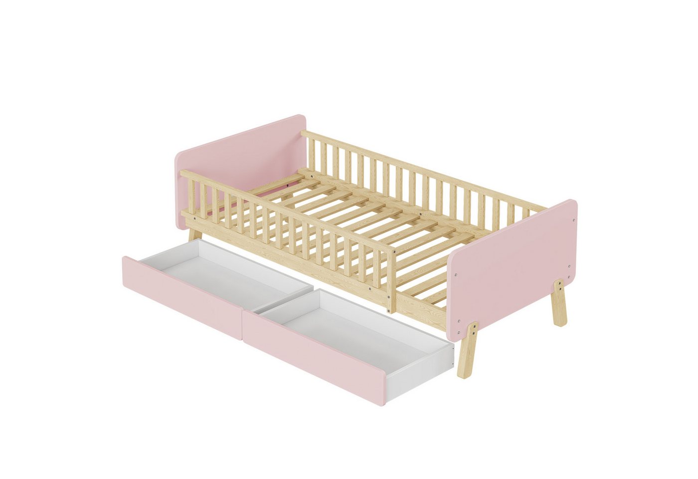 Rutaqian Kinderbett Einzelbett Holzbett mit 2 Schubladen, mit Lattenrost, 90x190cm, (1-tlg., mit 4 Beinen), aus Massivholz, Sperrholz + MDF, Ohne Matratze, Weiß von Rutaqian