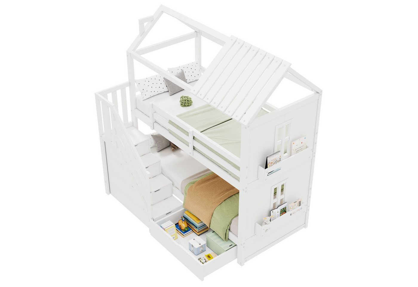 Rutaqian Kinderbett Kinder-Etagenbett, 90x200cm,Multifunktionales Kinderbett,Ohne Matratze (1-tlg), mit Stauraumtreppe & Schubladen & Regalen, Extra großer Stauraum, Weiß von Rutaqian