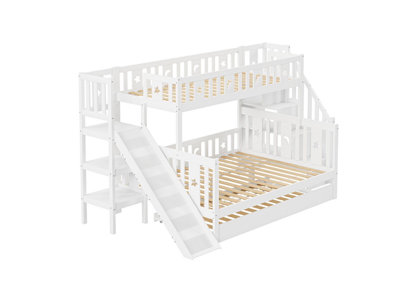 Rutaqian Kinderbett Kinderbett mit Rutsche und Regal mit Sicherheitsstufen, 90/140x200 cm (1-tlg), Massiv holz-Etagenbett mit Rollbett und Lattenrost, weiß von Rutaqian