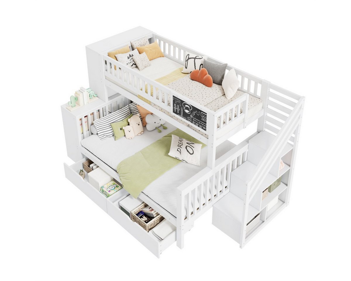 Rutaqian Kinderbett Multifunktionales Kinderbett mit Graffiti-Brett, Treppe, 2 Schubladen (Hausbett mit 5-lagiger Schließfach, 2x Lattenrost), Etagendoppelbett 140x200 cm+90x200 cm(ohne Matratze) von Rutaqian