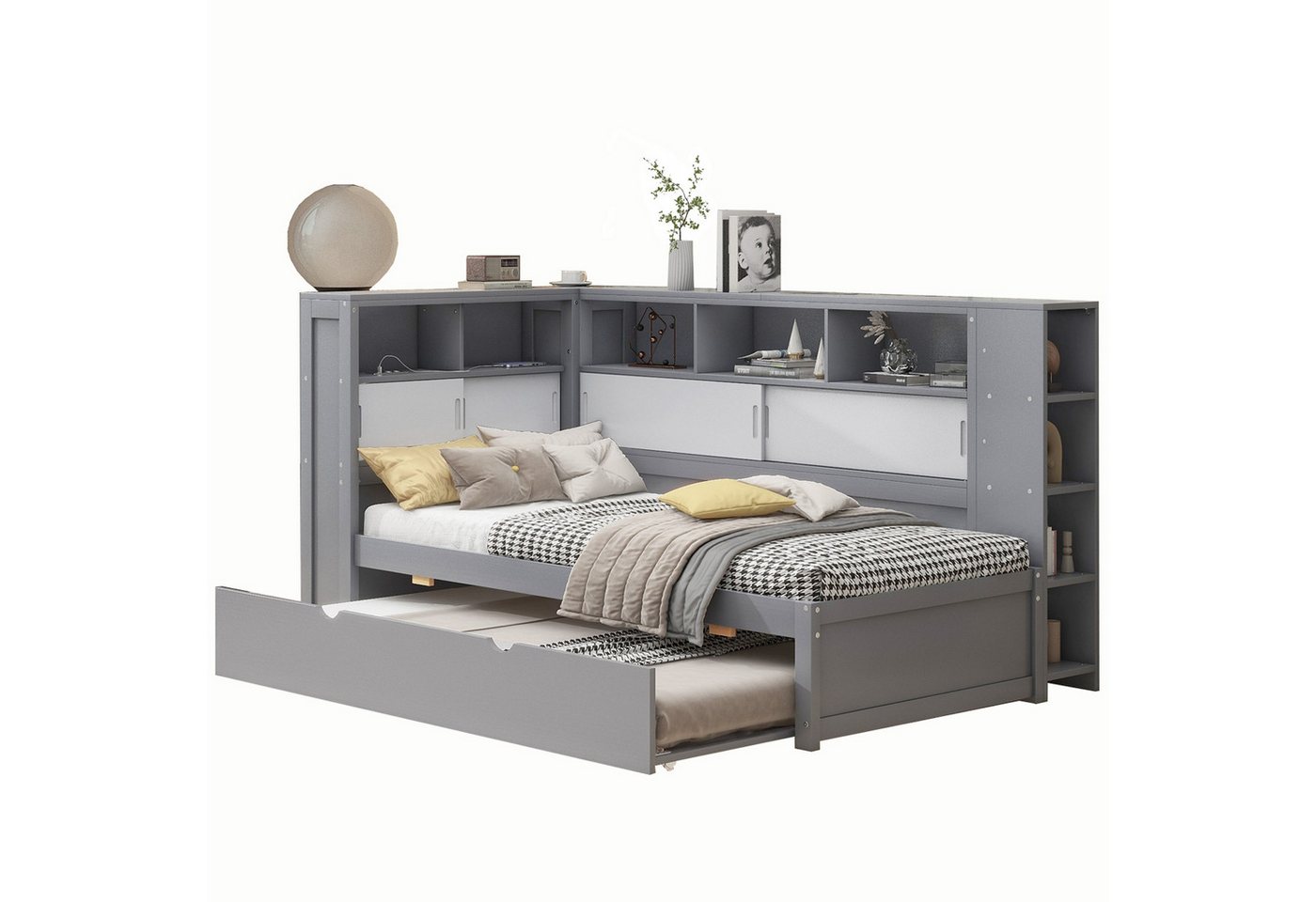 Rutaqian Kinderbett Sofabett mit USB-Ladefunktion, Ausziehbett 90x200cm(90x190cm) (mit vielen Staufächern am Kopfende und an der Seite des Bettes Ausgestattet, (ohne Matratze) von Rutaqian