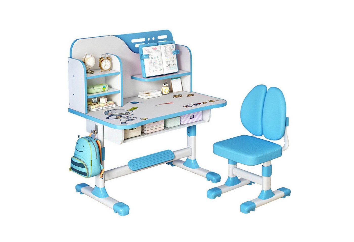 Rutaqian Kinderschreibtisch Funktionales Schreibtisch- und Stuhl-Set für Kinder, höhenverstellbar (Kinderlerntabelle mit Reading Rack, Bücherregal und Schublade), mit Astronautenmuster, ergonomischer Schreibtischstuhl von Rutaqian