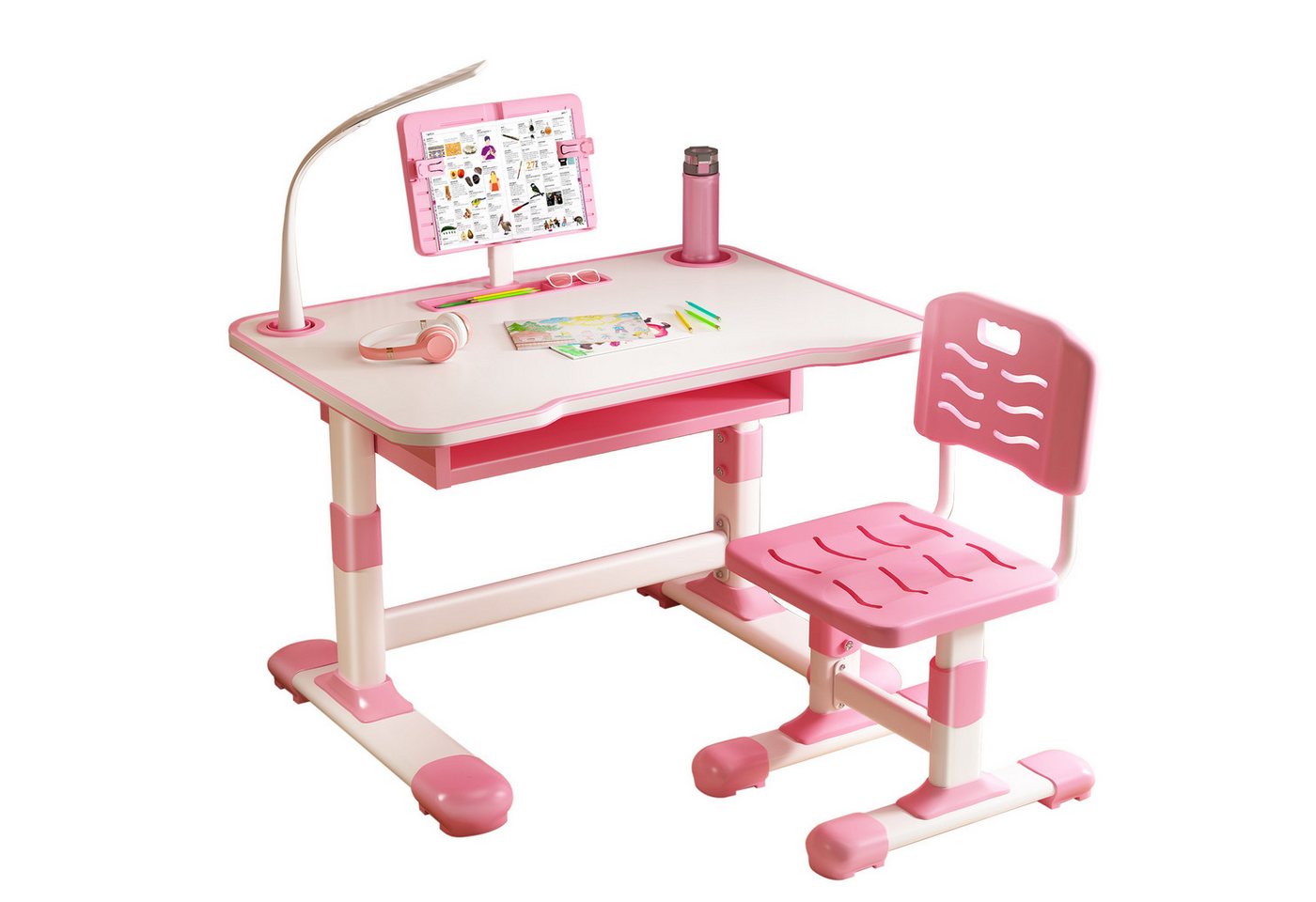 Rutaqian Kinderschreibtisch Kinderschreibtisch-Stuhlset mit kippbarem Leseständer, Tischlampe (Höhenverstellbarer Ergonomischer Schreibtisch-Stuhl Set), Multifunktionsschreibtisch mit Aufbewahrungsschublade von Rutaqian