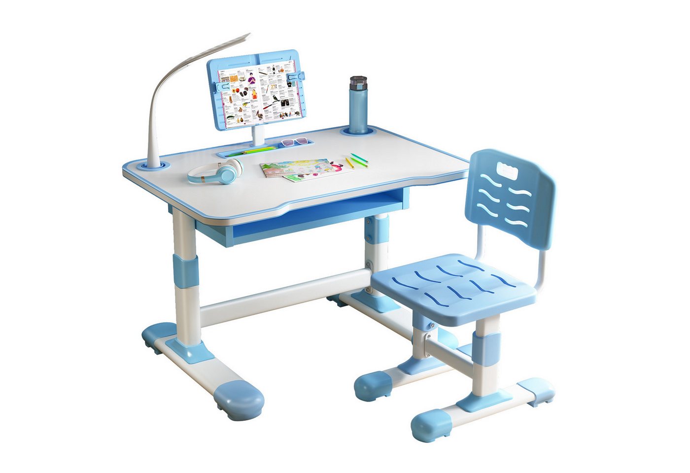 Rutaqian Kinderschreibtisch Kinderschreibtisch-Stuhlset mit kippbarem Leseständer, Tischlampe (Höhenverstellbarer Ergonomischer Schreibtisch-Stuhl Set), Multifunktionsschreibtisch mit Aufbewahrungsschublade von Rutaqian