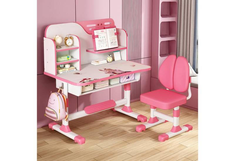 Rutaqian Kinderschreibtisch Kinderschreibtischstuhl Set für Kinder,Höheverstellbar 105 und 111 cm (1 x Kinderschreibtisch, 1 x Kinderstuhl), Schreibtisch mit Stuhl, Bücherständer und Schublade von Rutaqian